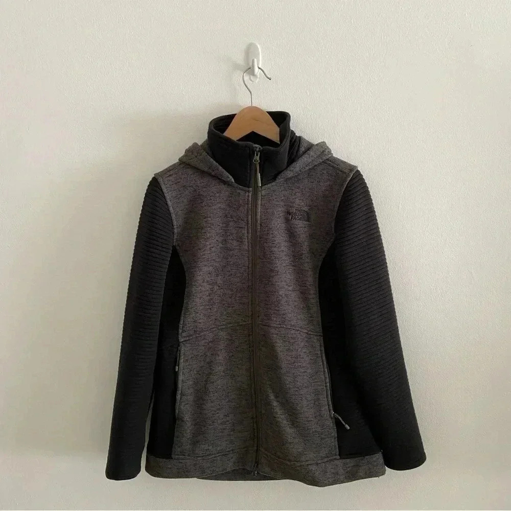North Face Jacket Womens Medium Green Black Knit Hoodie Zip Sz M